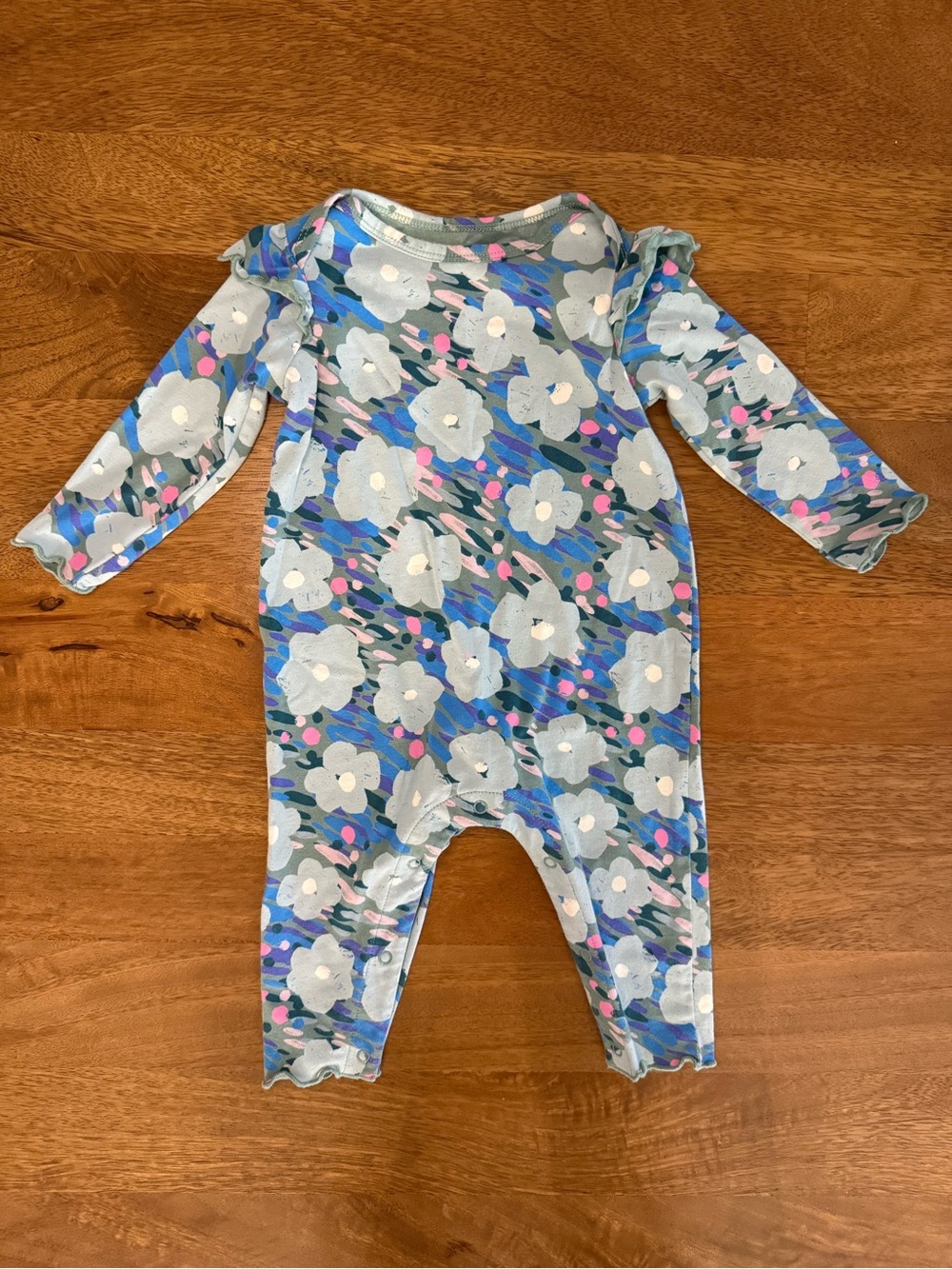 Tea Collection Blue Floral Long-Sleeve Romper with Pink Accents